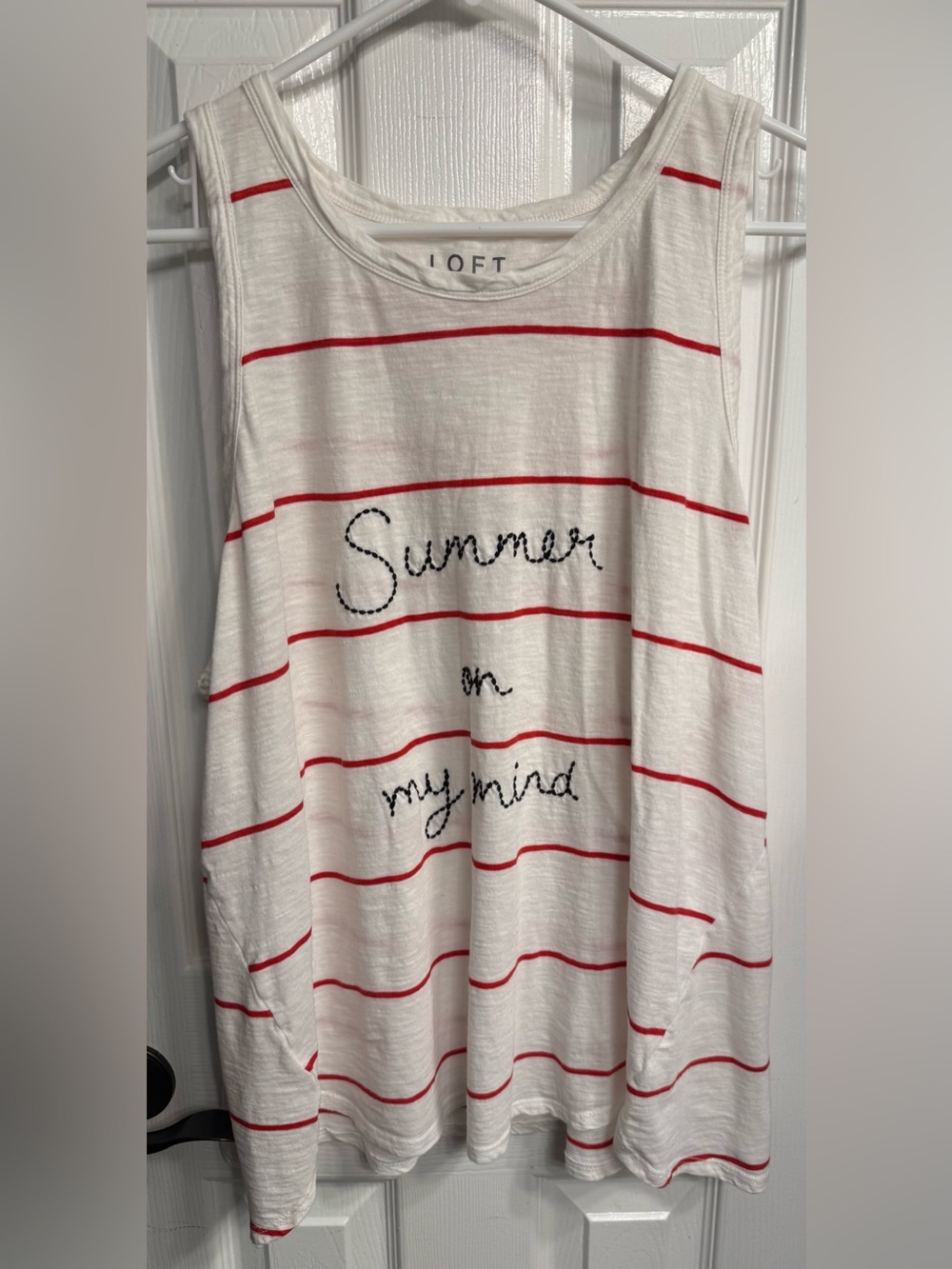 LOFT White Dress with Red Stripes and Embroidered Script